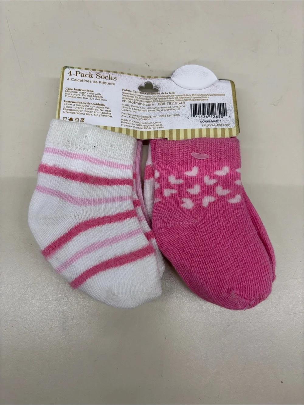 NWT Carter's Baby Sock 4-Pack in Pink and White